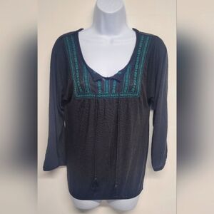 Karen Brooks Stretch Top Elastic Sleeve Ends Front Tie With Fringe New S